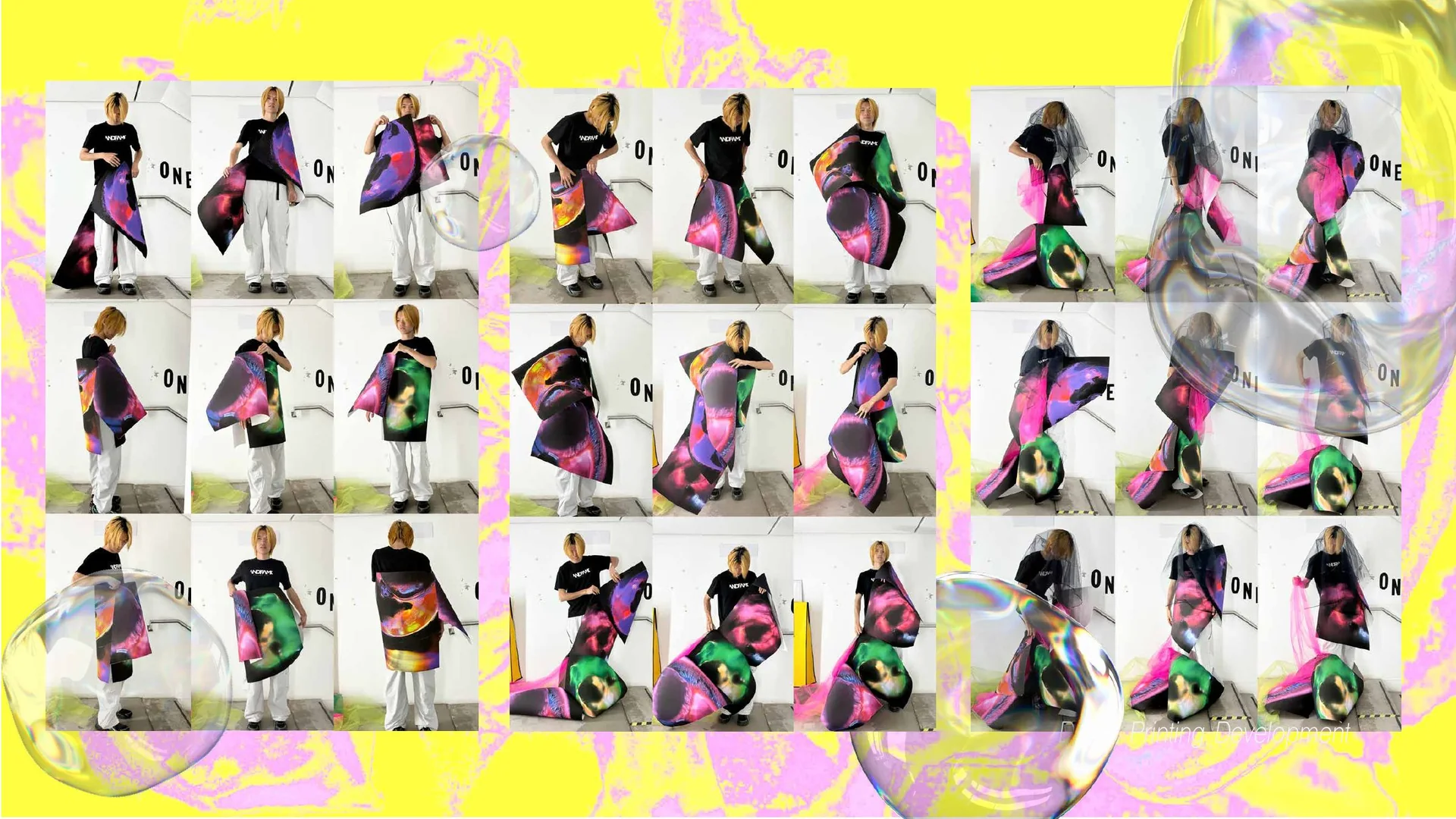 Draping studies with large printed textile panels on a model