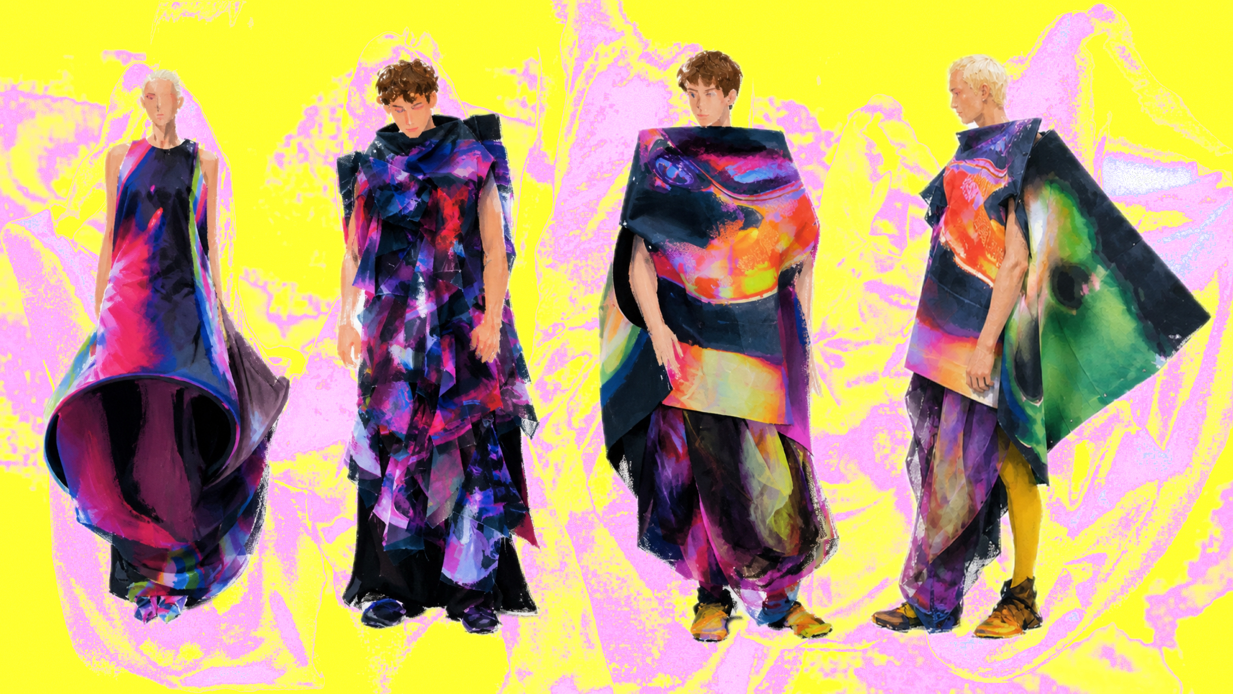 Final Liquid Sky collection illustration showing four resolved looks