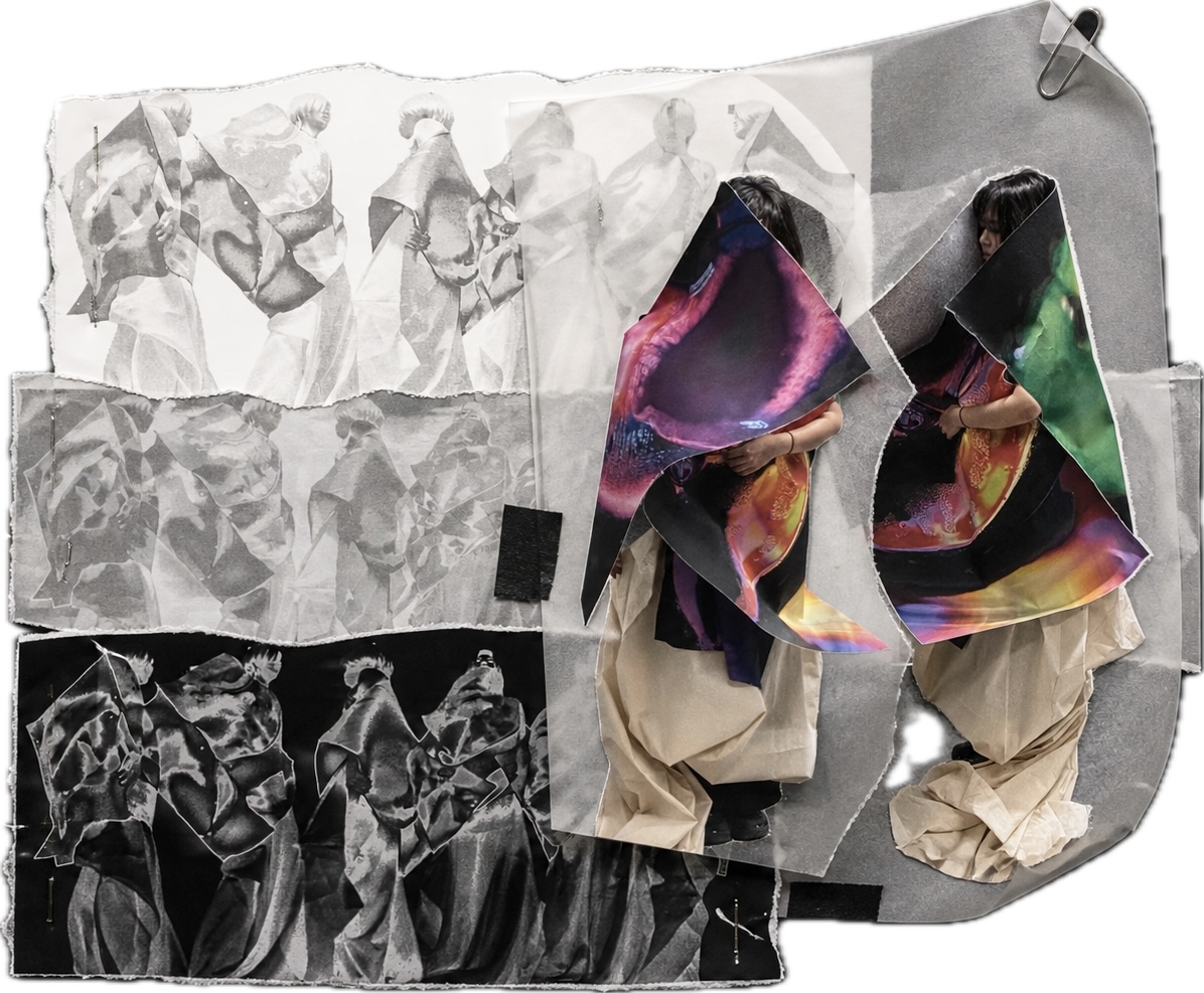 Look 2 fitting development collage showing printed panels arranged around the body