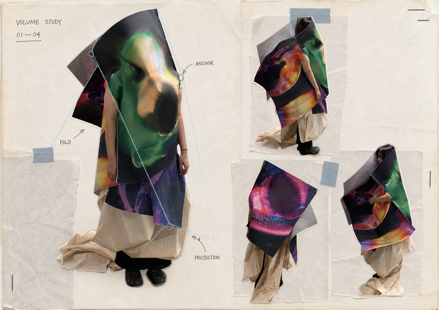 Look 2 volume study with printed panels folded and anchored around the body
