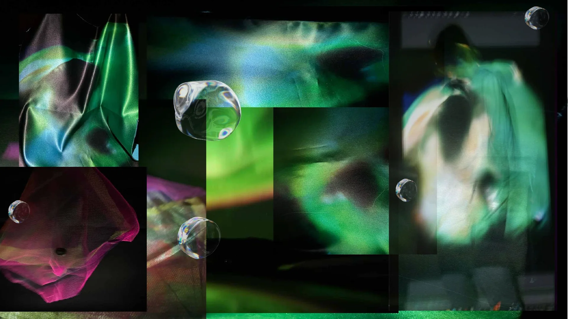 Green and magenta printed image tests across draped textile surfaces
