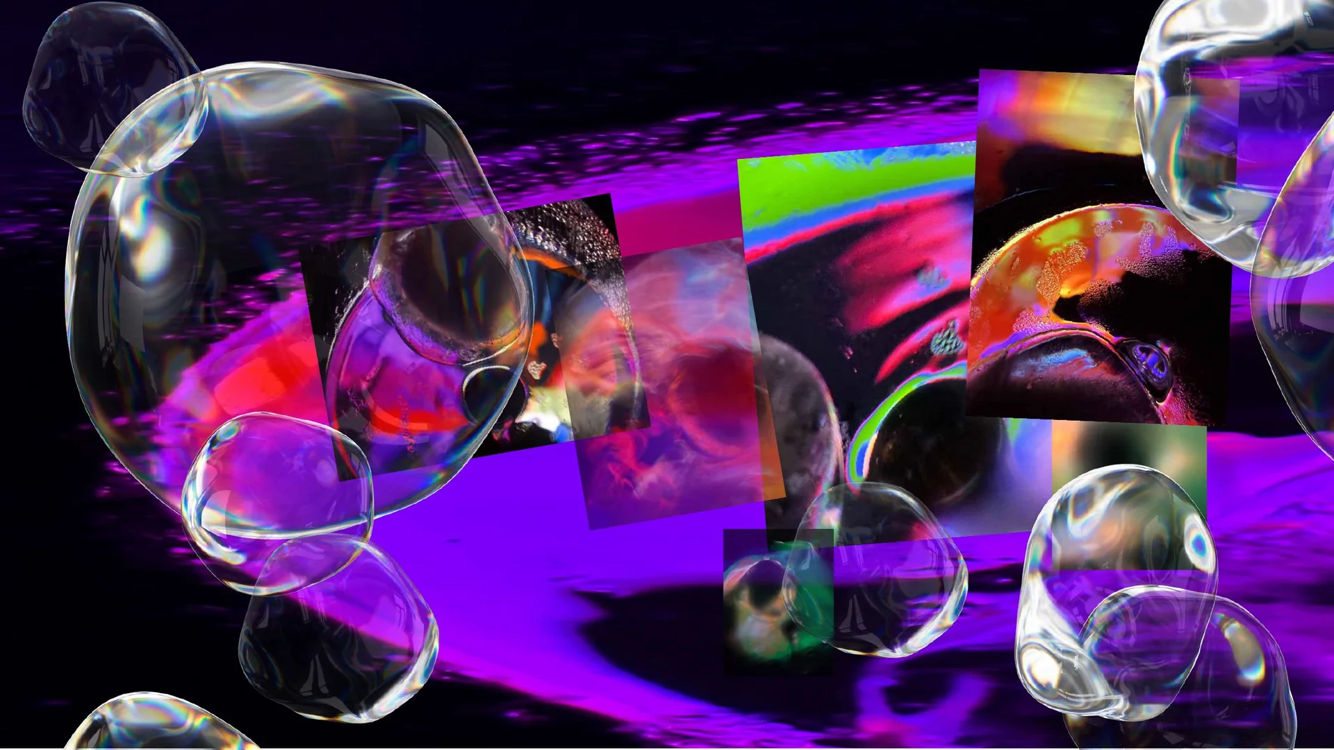 Liquid Sky moodboard with refracted light, iridescent bubbles and saturated colour