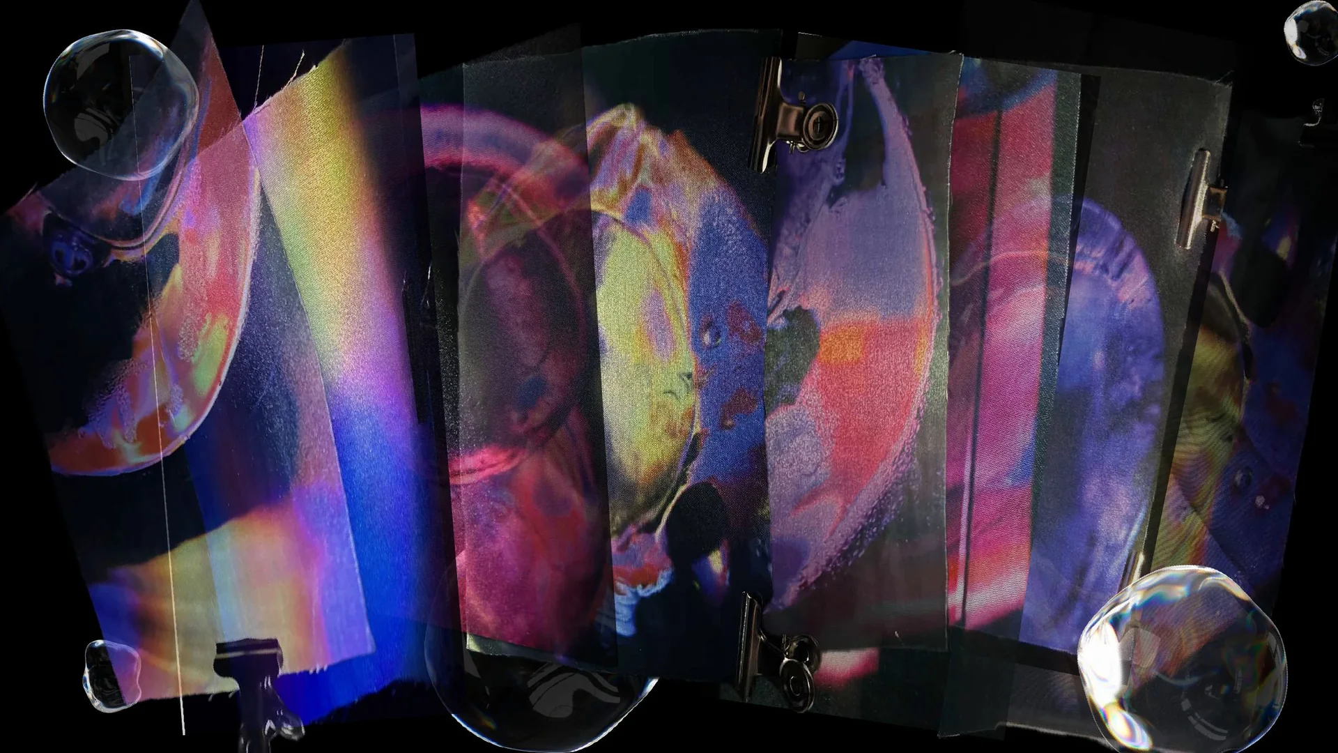 Printed textile samples arranged with translucent iridescent forms